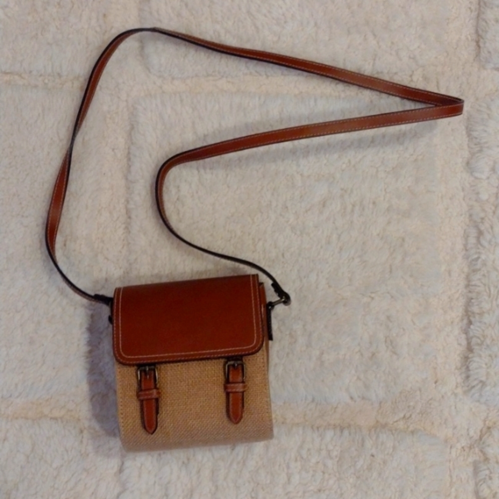 Leather and Canvas Hard Case Handbag Crossbody Purse Buckles and Unique Shape